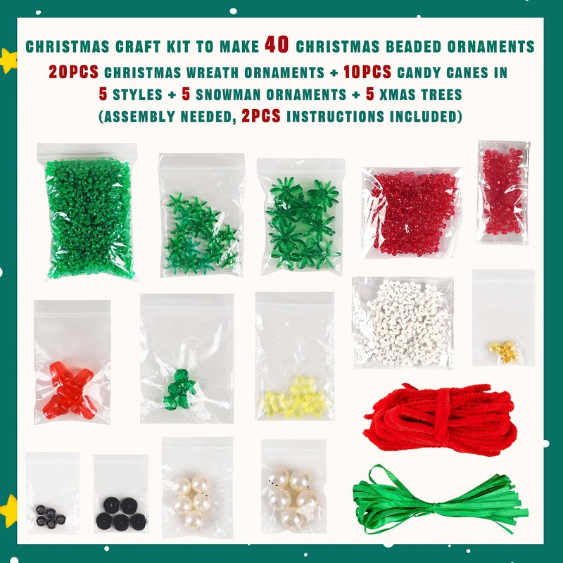 jollylife Christmas Crafts for Kids Adults Families, Beaded Ornament Kit to Make Wreath/Candy Cane/Xmas Tree/Snowman, Holiday Decorations Party Supplies, 40 Pieces - Image 3
